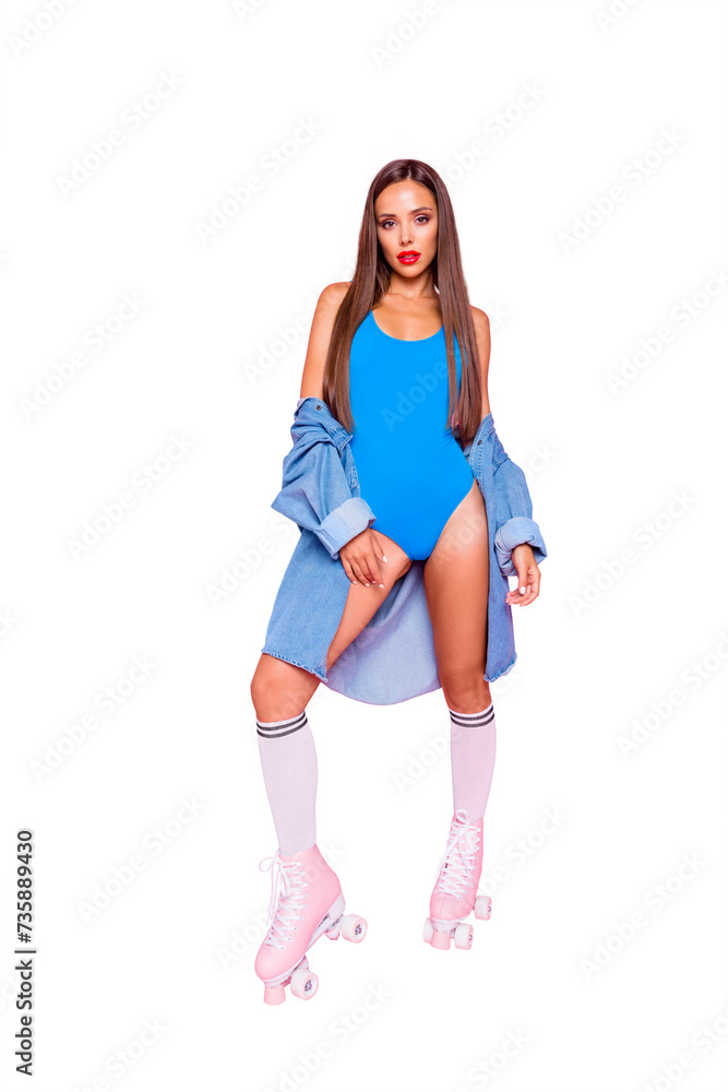 Vertical full length size photo portrait of stunning nice winsome delicate goo-looking pretty charming girl standing posing on pastel vivid background Vertical full length size photo portrait of stunning nice winsome delicate goo-looking pretty charming girl standing posing on pastel vivid background