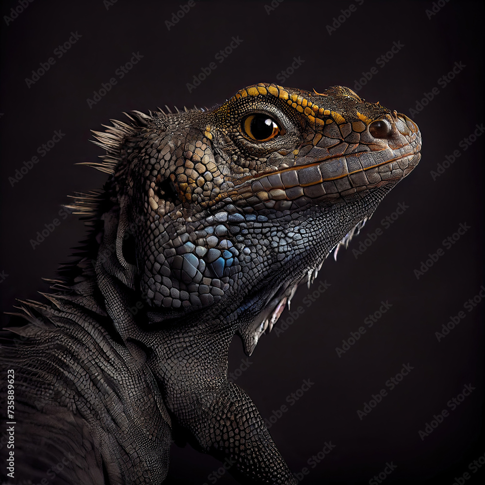 Detailed Black Dragon Lizard Portrait with Artistic Studio Lighting Detailed Black Dragon Lizard Portrait with Artistic Studio Lighting