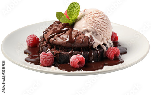 White Plate With Chocolate Cake, Ice Cream, and Raspberries. A white plate showcases a delectable chocolate cake covered in a generous scoop of ice cream and garnished with vibrant raspberries.