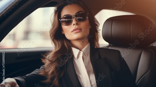 Close-up of a beautiful young successful businesswoman wearing a stylish suit, driving a luxury car. © liliyabatyrova