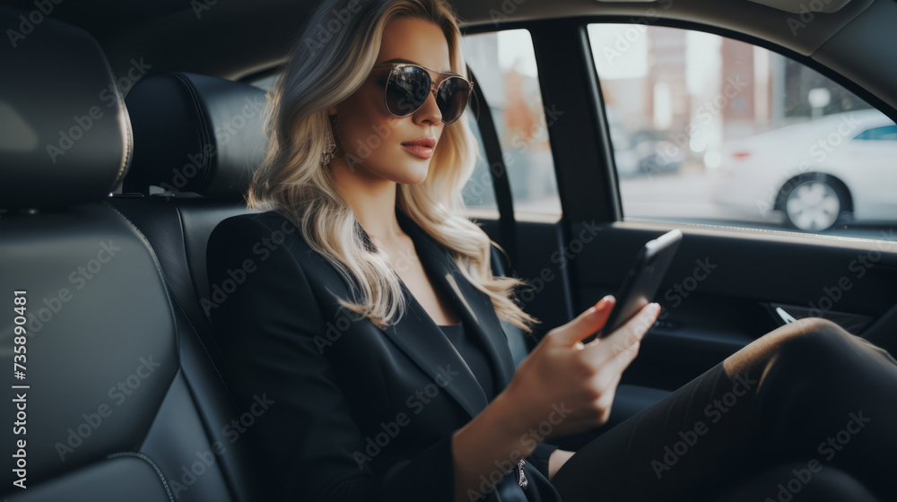 A beautiful young successful businesswoman uses a smartphone in the car during a trip, communicates with business partners, and types a message to friends and family. - obrazy, fototapety, plakaty 