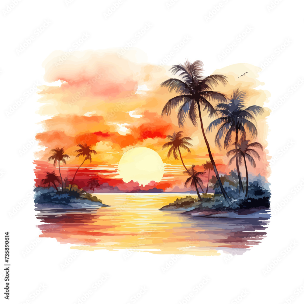 Watercolor tropical sunset. Vector illustration design.