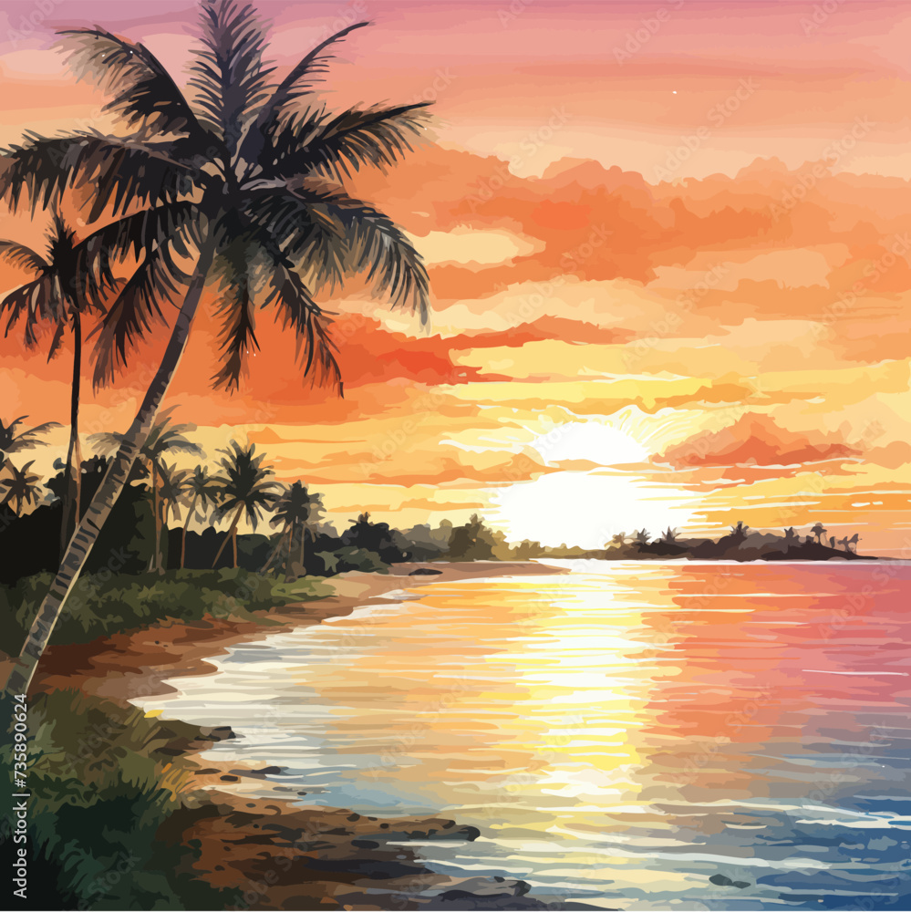 Watercolor tropical sunset. Vector illustration design.