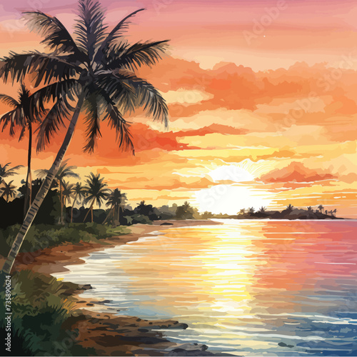 Watercolor tropical sunset. Vector illustration design.