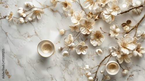 a white marble surface adorned with intricate golden geometric floral designs, evoking a sense of luxury and sophistication.