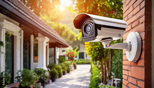 Close-up of a CCTV modern security camera outside a house in a residential district, using for recording and monitoring the criminals scene. Generative Ai. photo