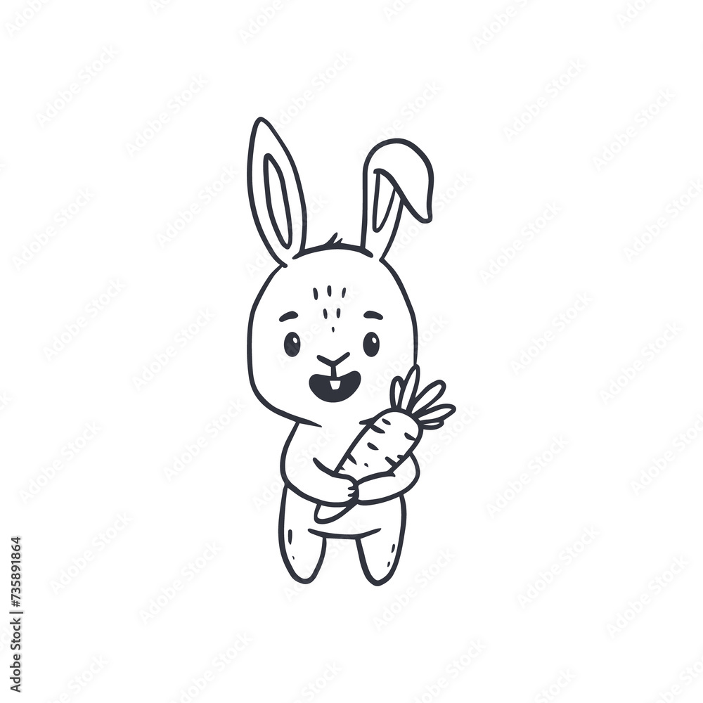cute cartoon bunny with carrot for easter and spring. Doodle style.