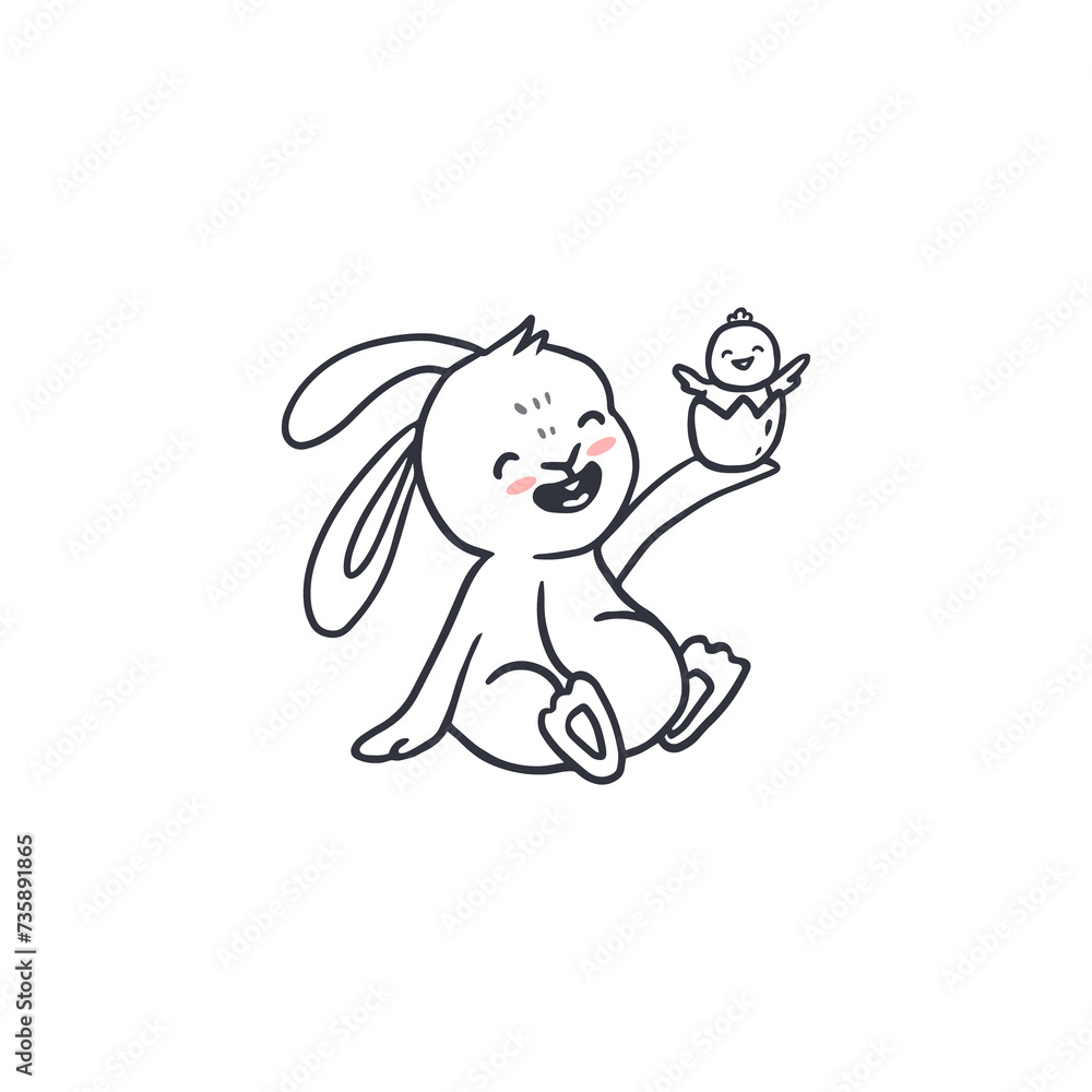 Fototapeta premium cute cartoon bunny with egg and chick for easter and spring. Doodle style.