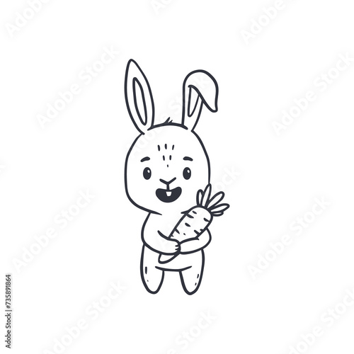 cute cartoon bunny with carrot for easter and spring. Doodle style.