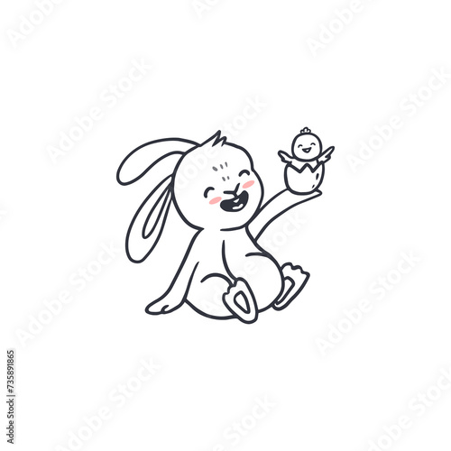 cute cartoon bunny with egg and chick for easter and spring. Doodle style.