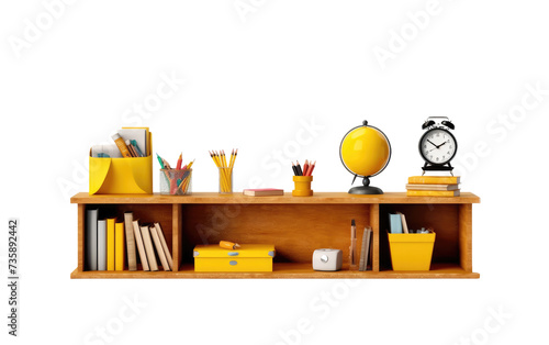 Shelf With Clock, Books, Pencils, and Other Items. A shelf containing a clock, books, pencils, and various other items neatly arranged. photo