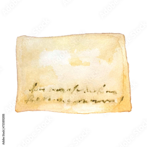 Vintage handwritten letter on old paper with faded ink, isolated, digital scrapbooking element, archival document. Watercolor background.