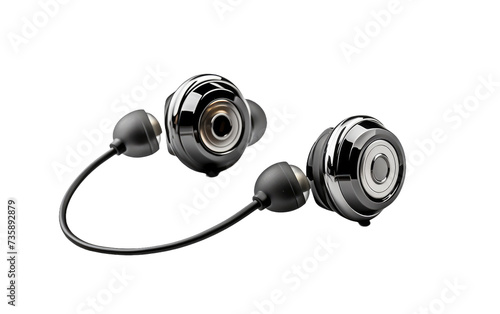 A Pair of Ear Buds With Cord. A photo of a pair of ear buds connected by a cord, lying on a flat surface.