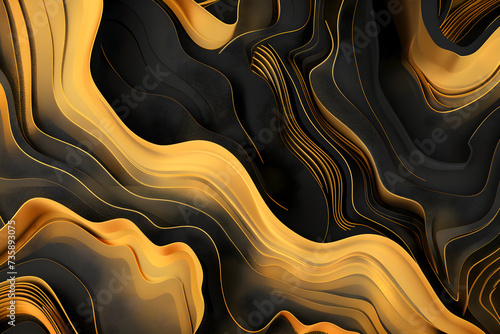 Abstract surreal Three-dimensional golden and black background, incorporating natural shapes and harmonious balance. Banner © Nataliia