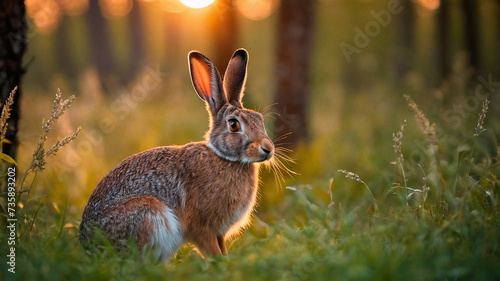 Young hare (Lepus europaeus) in the sunset. photo