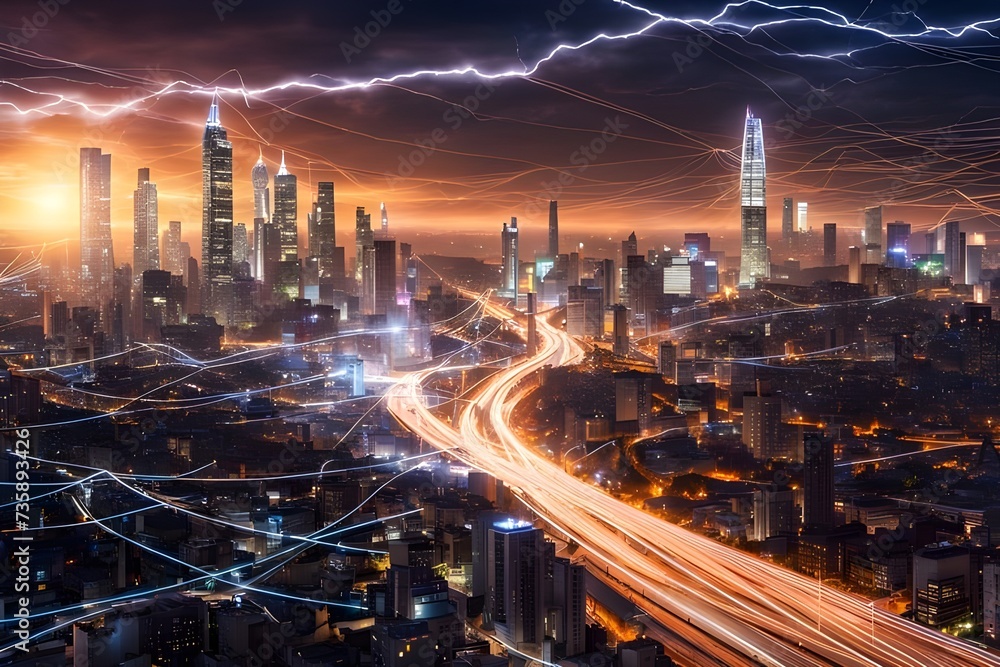Futuristic Cityscape: Electric Current Speeding Through Power Grids
