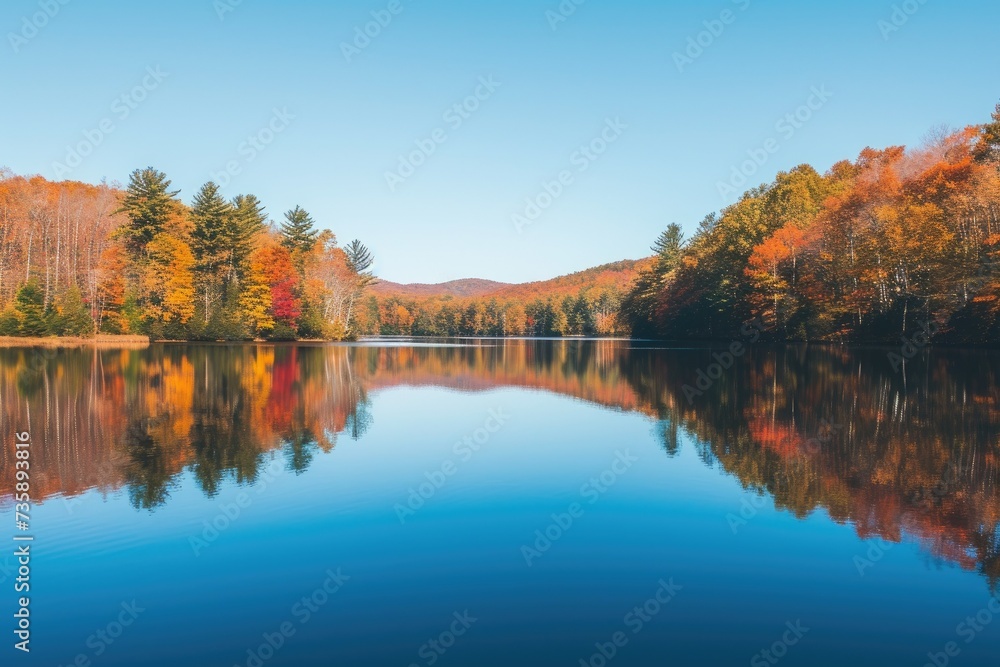 autumn trees reflected in water. Autumn landscape with a lake. The atmosphere of relaxation, peace and beauty of nature in autumn.