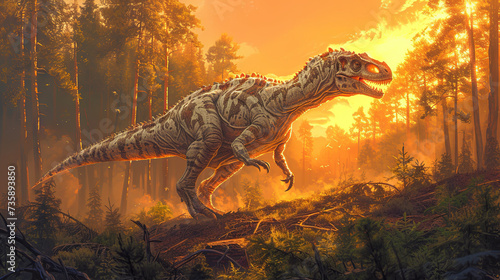 Tyrannosaurus is a genus of large theropod dinosaur on the burning forest