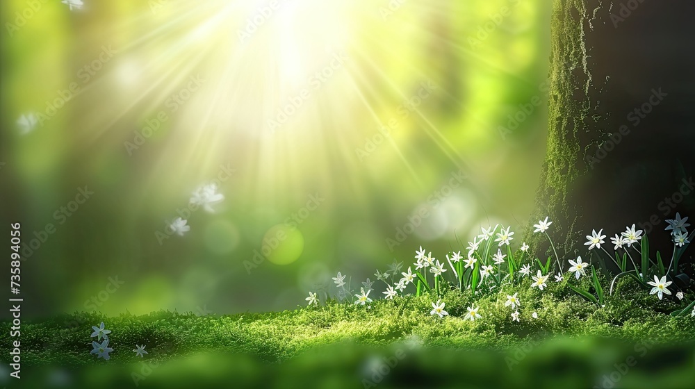 Spring, forest, blooming white flowers on the pillow of the forest in the rays of the sun. Spring forest landscape with wild flowers.