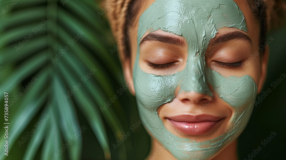 Beautiful girl with green mask on face, skin care concept, palm leaf background Beautiful girl with green mask on face, skin care concept, palm leaf background