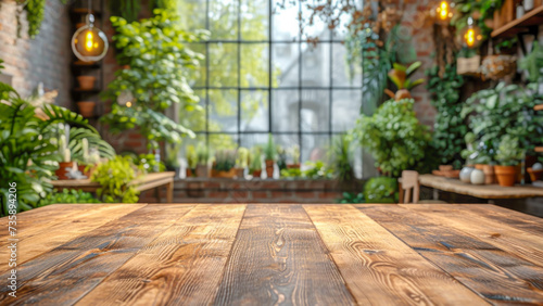 Wooden table for montage your products against blurred Cozy interior of sustainable floristic shop. Eco friendly shopping concept. Scene stage showcase for promotion sale or advertising. Front view
