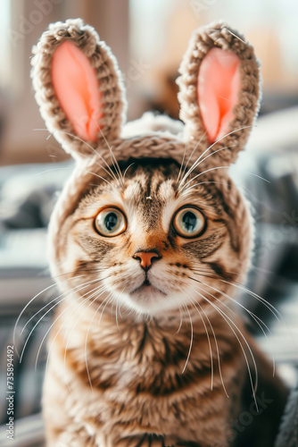 Cute domestic surprised and funny cat in a hat with rabbit ears.