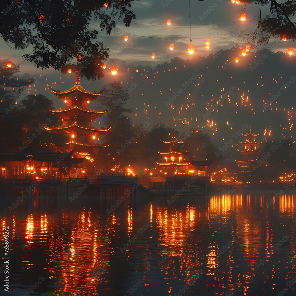 Enchanting Twilight Lantern Festival by the Lake