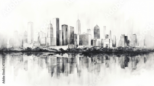 Black and white sketch city with reflection drawing.