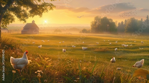 an empty farm greenfield at sunrise, where white hens roam freely, in an ultrarealistic depiction that brings the serene beauty of rural life to life.