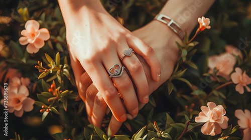 Close-up of a couple's intertwined fingers, wearing matching heart-shaped rings, symbolizing their bond . Generative AI illustration 