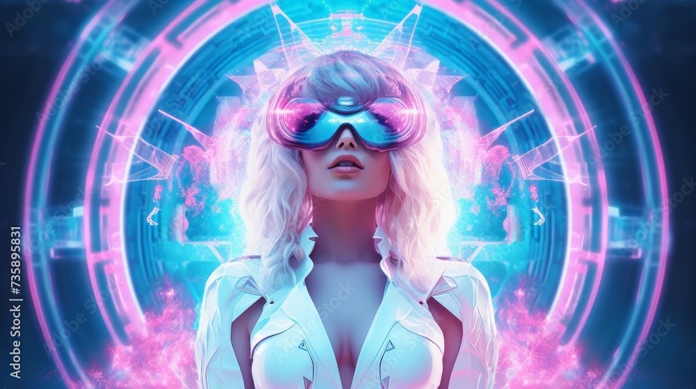 Cyberpunk Visionary: Female Model with Holographic Crypto Glasses Cyberpunk Visionary: Female Model with Holographic Crypto Glasses