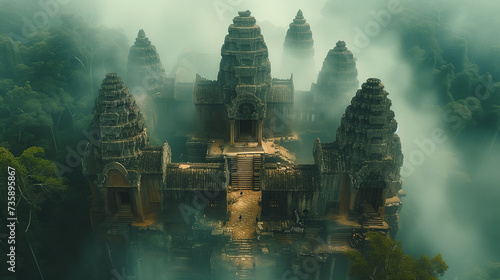 Majestic Ape Temples Shrouded in Mist: Pillars of Chimpanzee Civilization