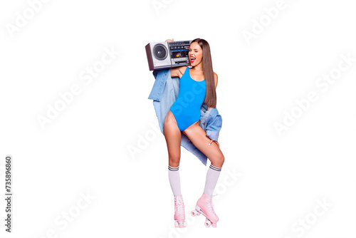 Let's make noise! Swag people person leisure hobby melody meloman concept. Full length body size photo of beautiful excited mad joyful girl holding tape radio on shoulder isolated pastel background