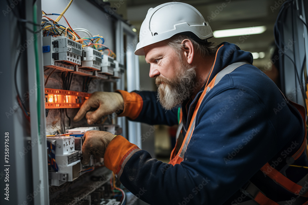 Electrician repairs electrical wiring in an electrical panel. Electrical installation Electrician repairs electrical wiring in an electrical panel. Electrical installation