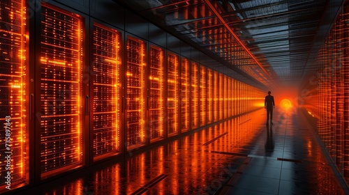 A shot of a working data center corridor with racks and supercomputers and high-definition Internet projections.