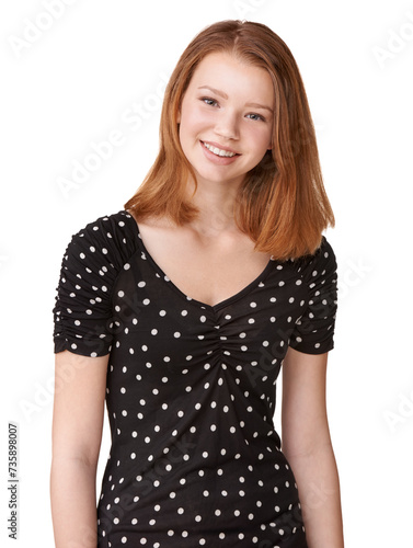 Portrait, teenage girl or big smile with white background for yearbook or graduation photo in studio. Mock up of happy, female student or gen z teenager with confidence and glow for school picture