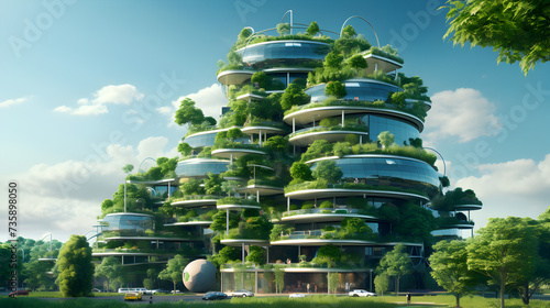 Modern building with green plants in the city park 3d rendering Ecofriendly building in the modern   Sustainable green building in modern city. Green architecture. Eco-friendly building. Sustainable  