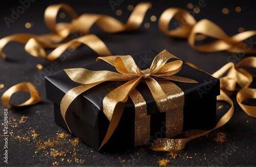 Gift box and golden ribbon on black background with glitter. Black friday sale concept. Banner