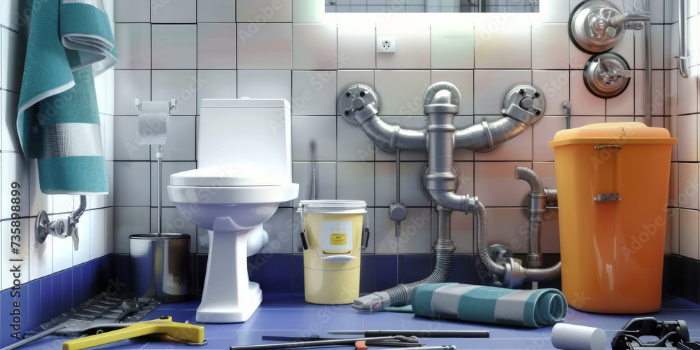 plumber tools and equipment in a bathroom, prepare to servis plumber tools and equipment in a bathroom, prepare to servis