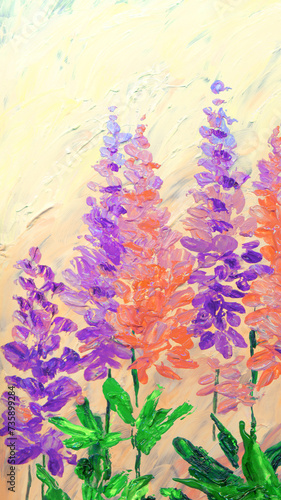 Oil painting. Bright Lupine Flowers