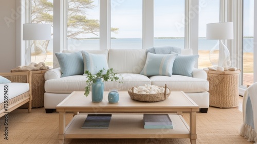 beautiful small space casual living family room soft neutral wood beams and a gorgeous grouping of swivel color fabric chairs around a striking coffee table coastal design nature freshness home