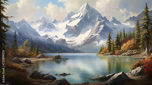 A painting of a mountain landscape