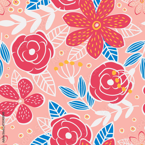 Fantasy rose flowers  leaves and branches form a modern botanical seamless pattern for textiles on a pink background. Vector.
