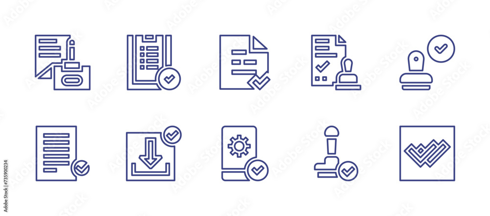Approval line icon set. Editable stroke. Vector illustration. Containing approved, stamp, download, document, paper, article, double check, phone.
