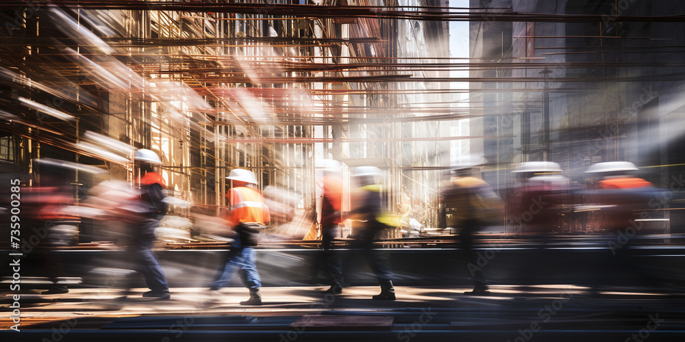 Image of the movement of engineers and construction workers in the construction zone. Ai generate. - obrazy, fototapety, plakaty 