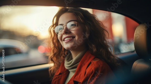 A beautiful young cheerful woman enjoys a new car, driving a car at sunset. Buying and renting a car concept.