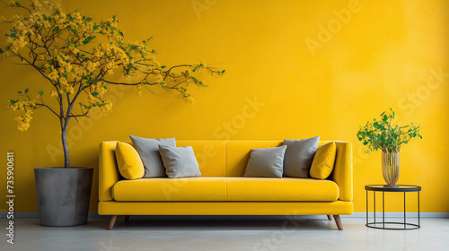 Decorating the living room by controlling the yellow tone of both the sofa and walls. Ai generate.
