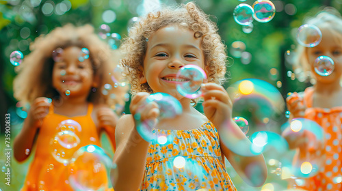 Fototapeta Naklejka Na Ścianę i Meble -  Children playing with soap bubbles in the field in summer