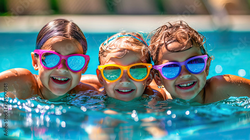 Three children in a swimming pool wearing colorful sunglasses on a hot summer day