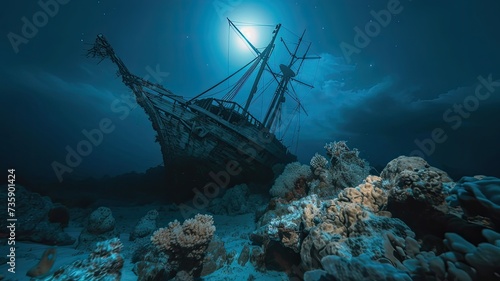 a sailing frigate, its mast protruding through the water's surface, as it is stuck on an underwater coral reef during the dark of night, evoking a sense of peril and isolation.